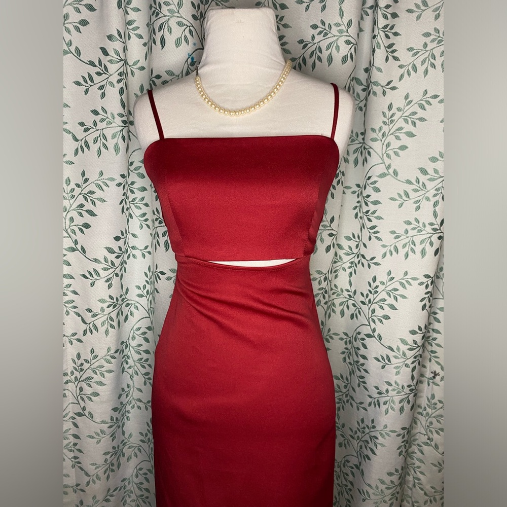 Red Satin Cutout Spaghetti Strap Dress